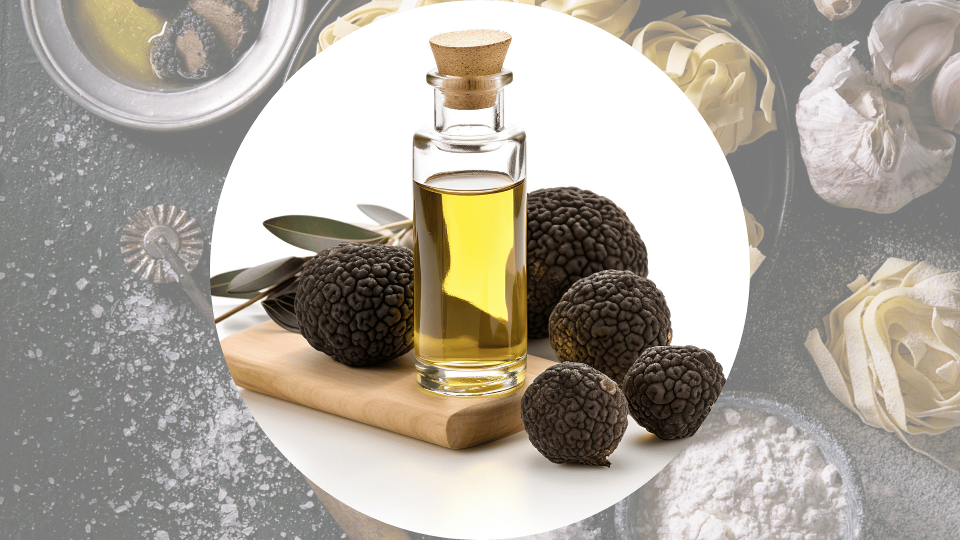 Elegante bottiglia di olio al tartufo accompagnata da tartufi interi, ideale per condire e insaporire piatti con semplicità e eleganza.