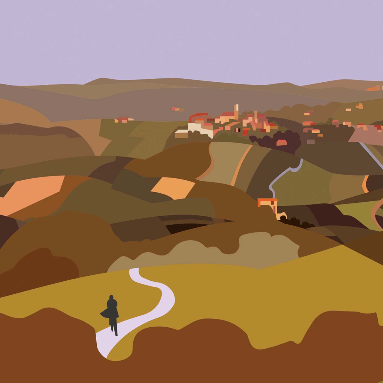 Scopri "Alba Truffle Flavour", Ambientazione dell'illustrazione iconica di Pierpaolo Rovero che cattura la magia della stagione del tartufo bianco ad Alba. Un'opera ricca di dettagli, dove storia e tradizione si fondono in una rappresentazione vivace della raccolta del tartufo. Dettaglio Colline Alba