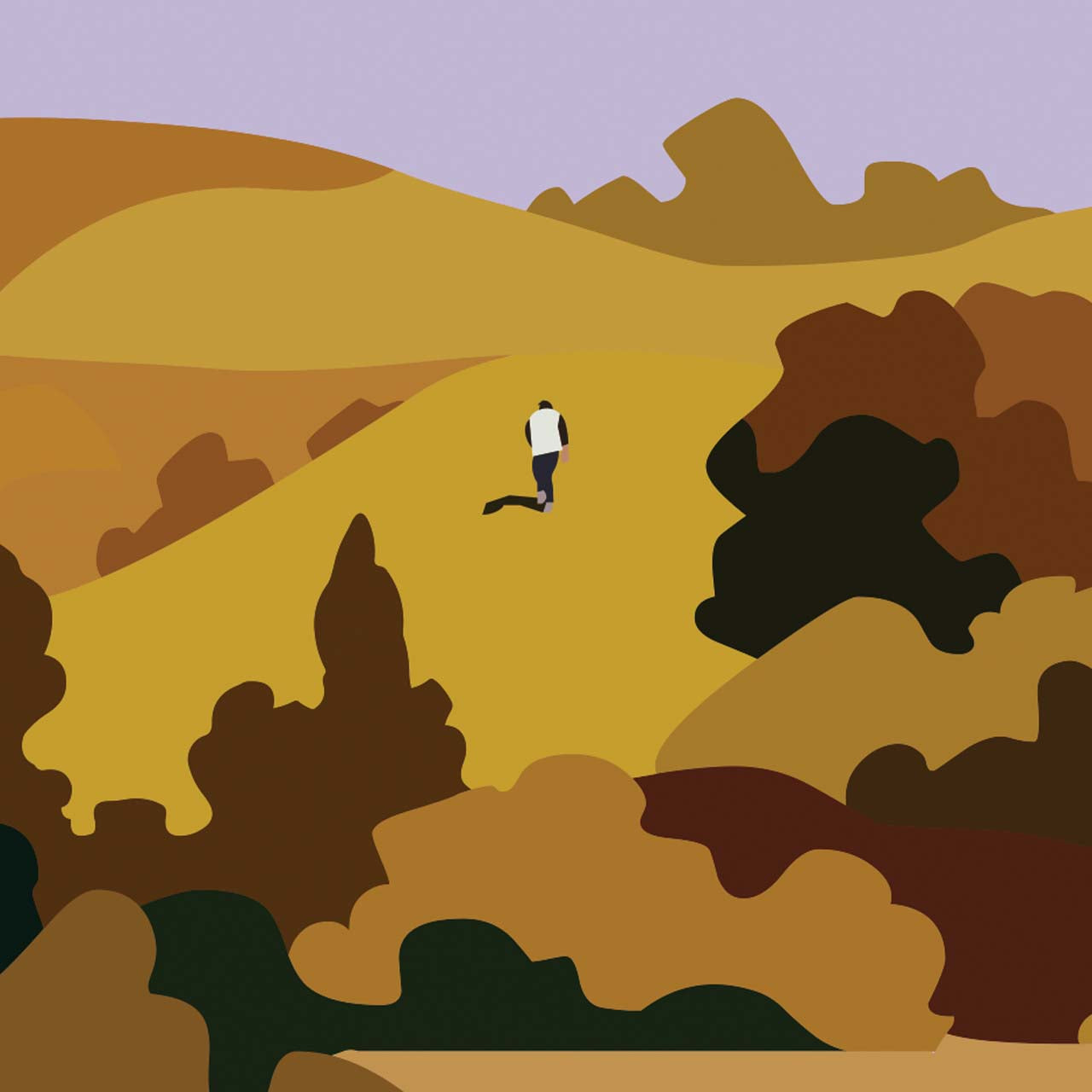 Scopri "Alba Truffle Flavour", Ambientazione dell'illustrazione iconica di Pierpaolo Rovero che cattura la magia della stagione del tartufo bianco ad Alba. Un'opera ricca di dettagli, dove storia e tradizione si fondono in una rappresentazione vivace della raccolta del tartufo. Dettaglio cavatore su colline Albese