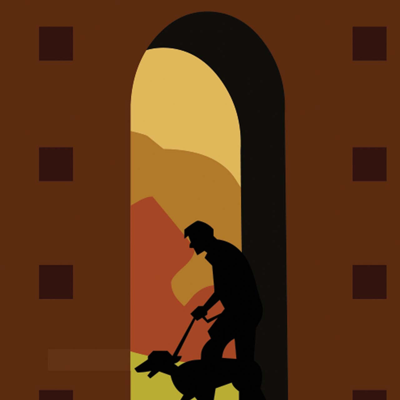 Scopri "Alba Truffle Flavour", Ambientazione dell'illustrazione iconica di Pierpaolo Rovero che cattura la magia della stagione del tartufo bianco ad Alba. Un'opera ricca di dettagli, dove storia e tradizione si fondono in una rappresentazione vivace della raccolta del tartufo. Dettaglio cavatore con cane