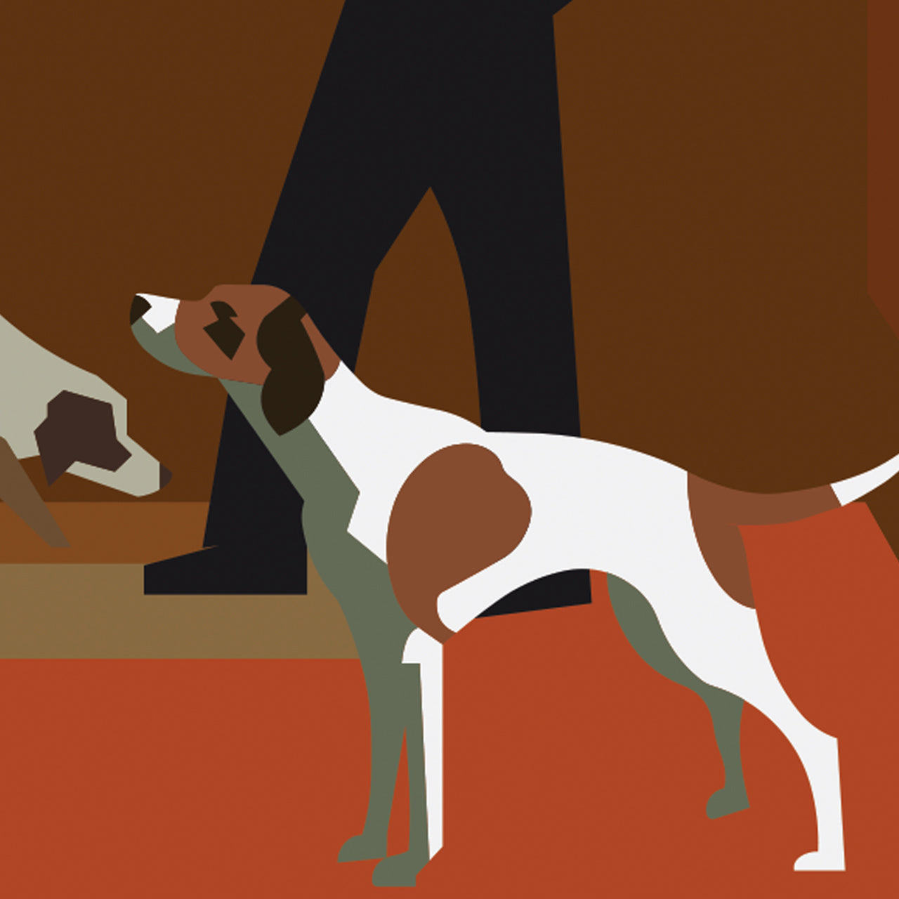 Scopri "Alba Truffle Flavour", Ambientazione dell'illustrazione iconica di Pierpaolo Rovero che cattura la magia della stagione del tartufo bianco ad Alba. Un'opera ricca di dettagli, dove storia e tradizione si fondono in una rappresentazione vivace della raccolta del tartufo. Dettaglio Cane da trifule