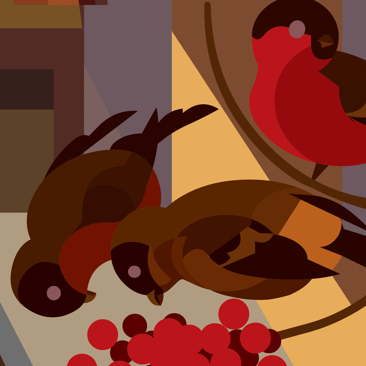 Scopri "Alba Truffle Flavour", Ambientazione dell'illustrazione iconica di Pierpaolo Rovero che cattura la magia della stagione del tartufo bianco ad Alba. Un'opera ricca di dettagli, dove storia e tradizione si fondono in una rappresentazione vivace della raccolta del tartufo. Dettaglio uccellini Alba