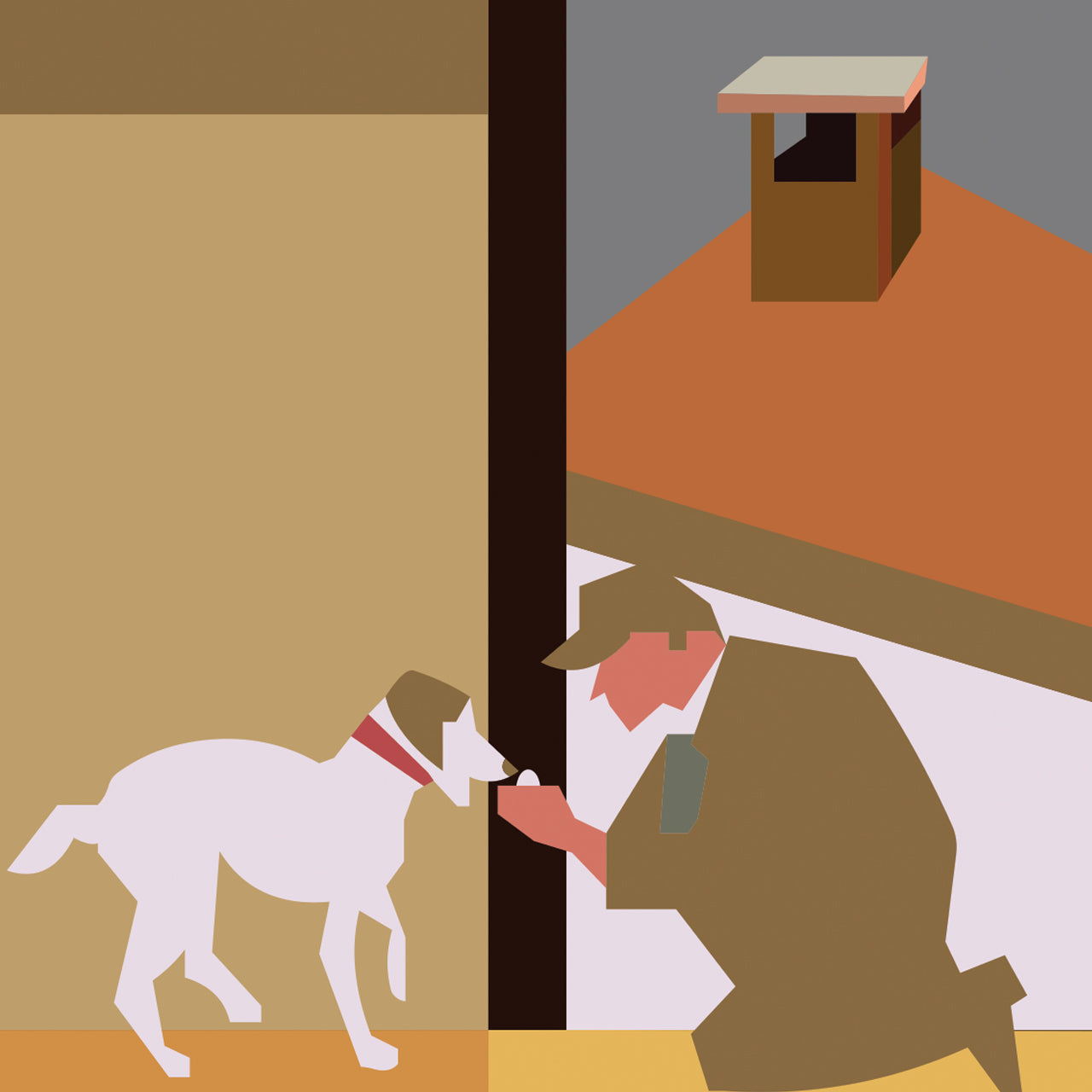 Scopri "Alba Truffle Flavour", Ambientazione dell'illustrazione iconica di Pierpaolo Rovero che cattura la magia della stagione del tartufo bianco ad Alba. Un'opera ricca di dettagli, dove storia e tradizione si fondono in una rappresentazione vivace della raccolta del tartufo. Dettaglio cane e cavatore