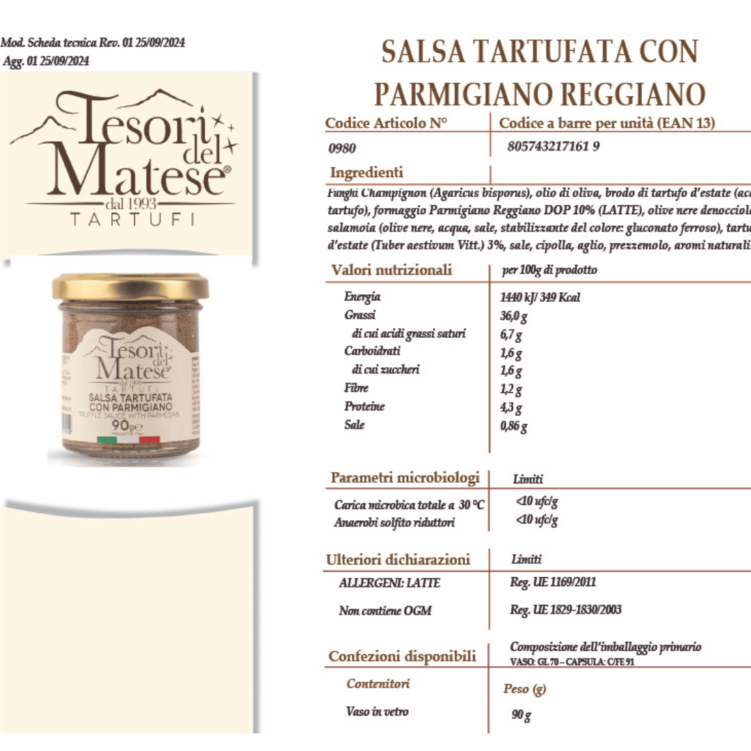 Salsa tartufata con Parmigiano Reggiano Scheda Prodotto