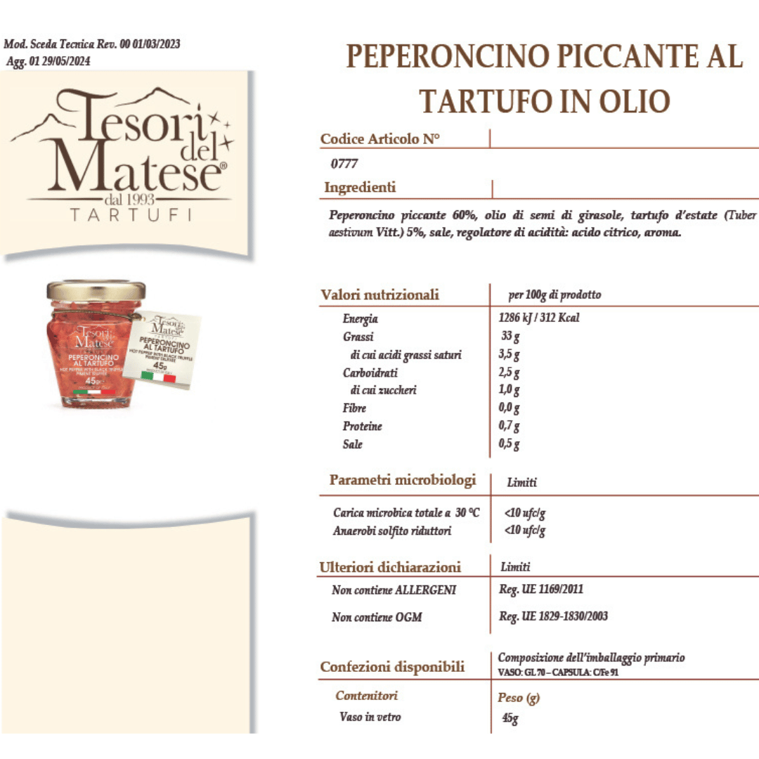 Peperoncino piccante al tartufo in olio Scheda Prodotto